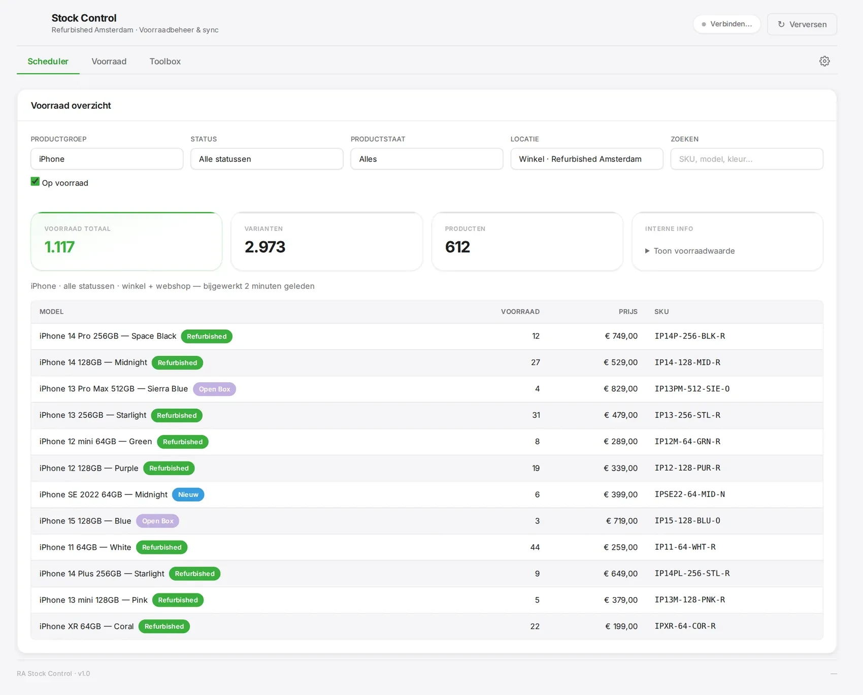 Webshop-app: voorraadoverzicht met varianten en prijzen
